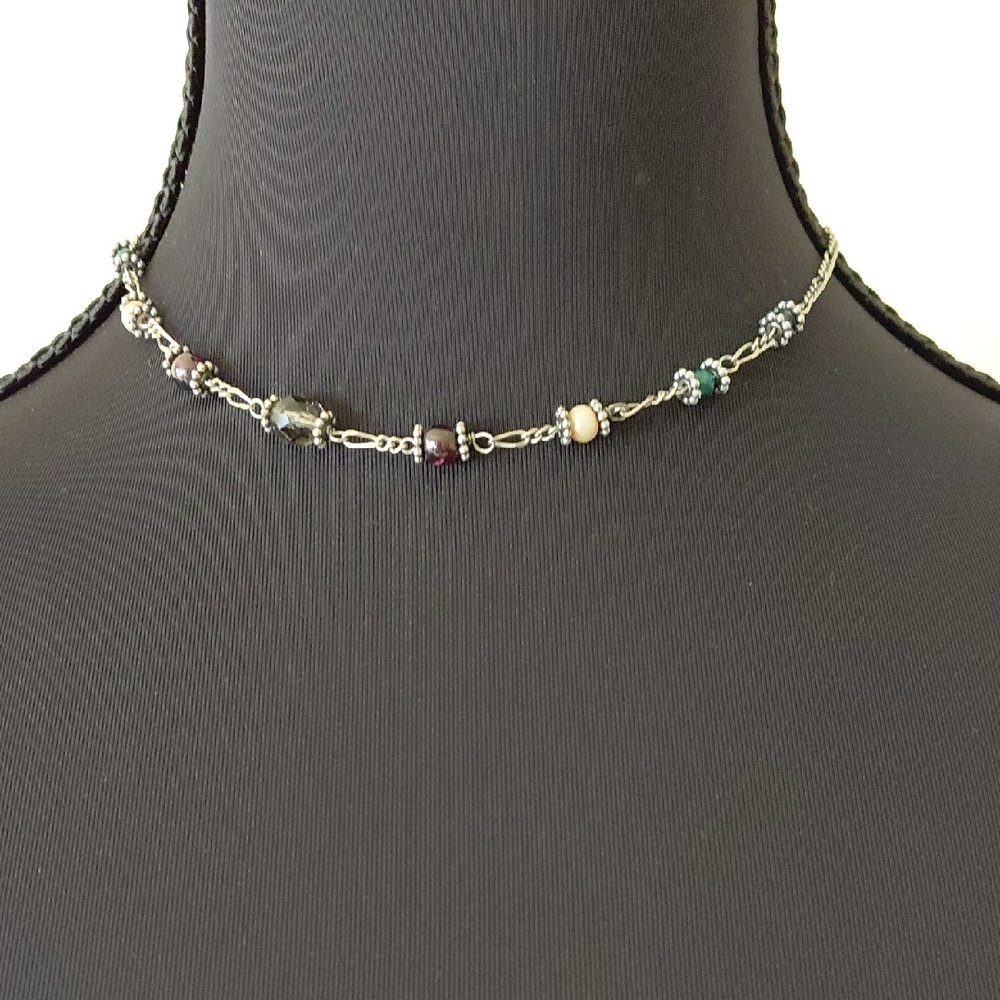 Delicate Multi-Bead Silver Chain Choker Necklace - Blue, Purple, Cream Accents